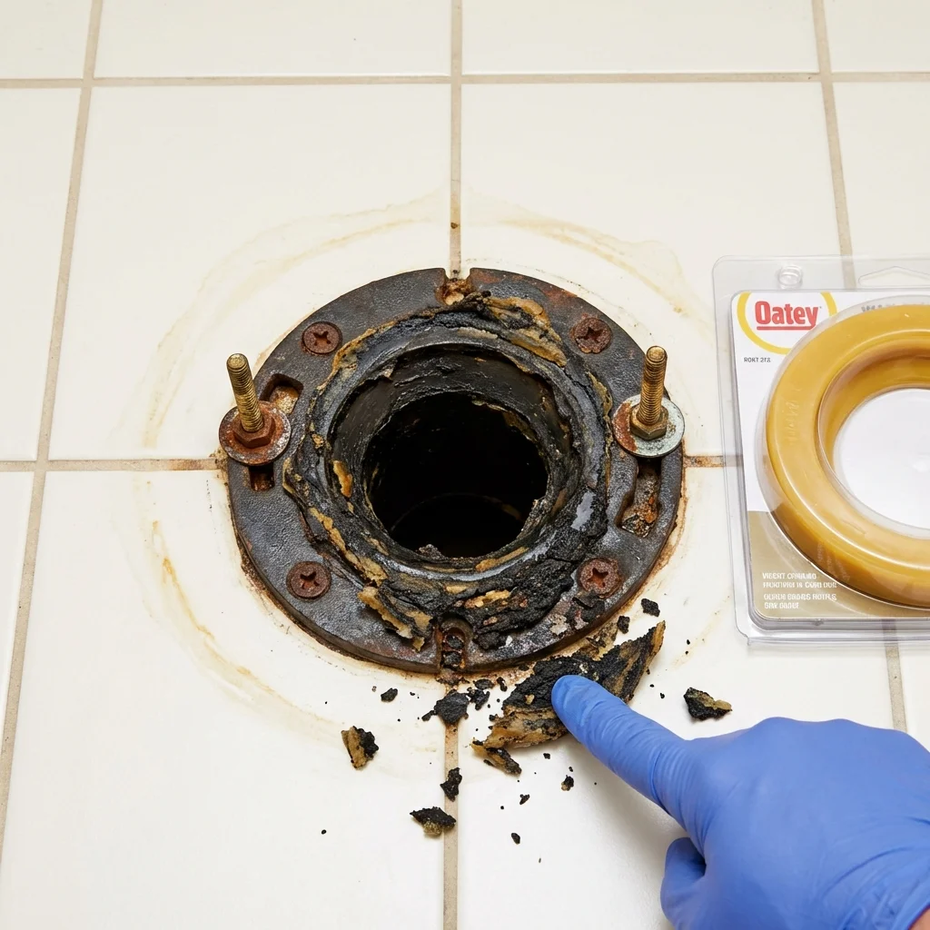 Failed wax ring showing water seepage at the base of a toilet in a Paris, TX home