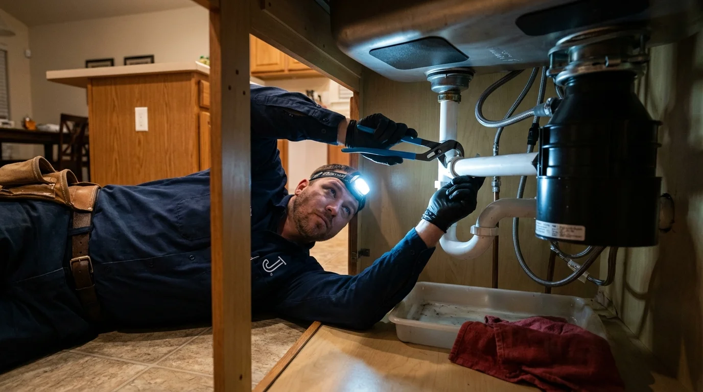 P-trap and supply line connections under a kitchen sink showing a common leak point in Paris, TX